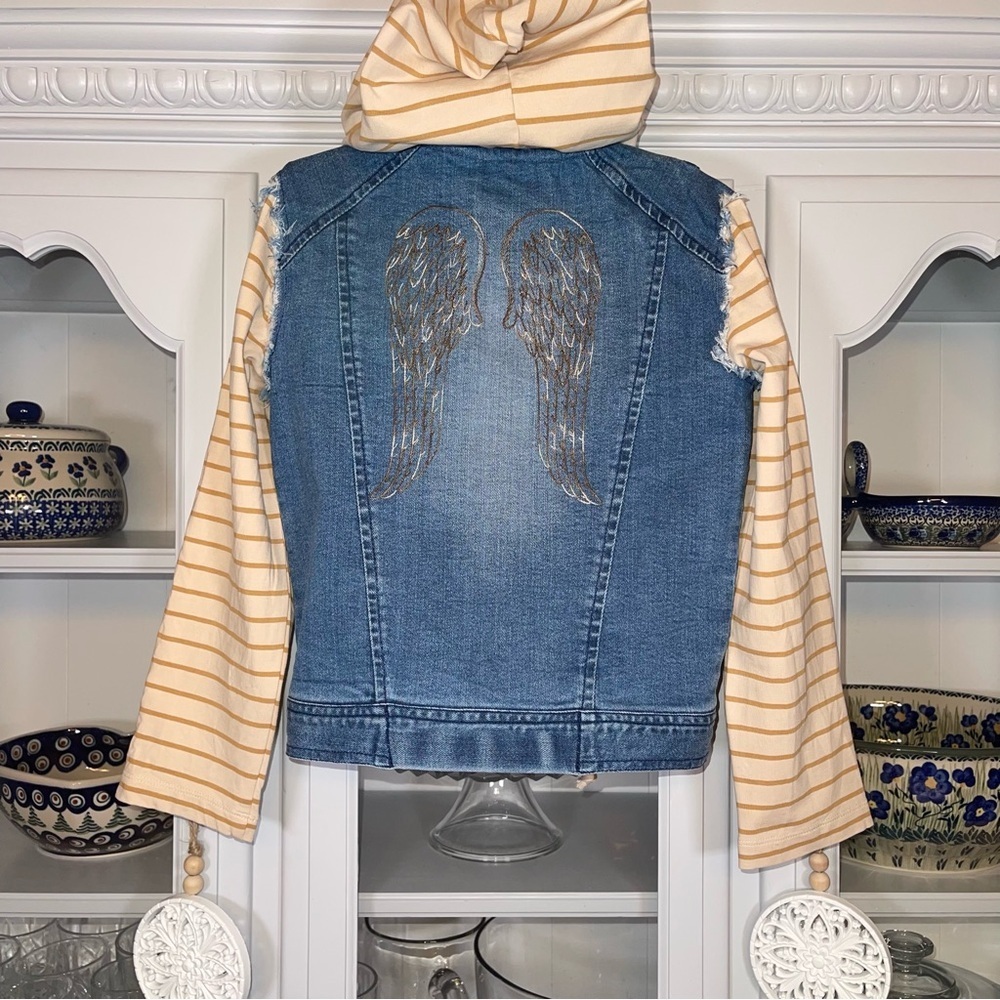 VGUC JAK & PEPPAR girls angel wings denim & knit hooded jean jacket Sz 6​​ - Picture 4 of 8